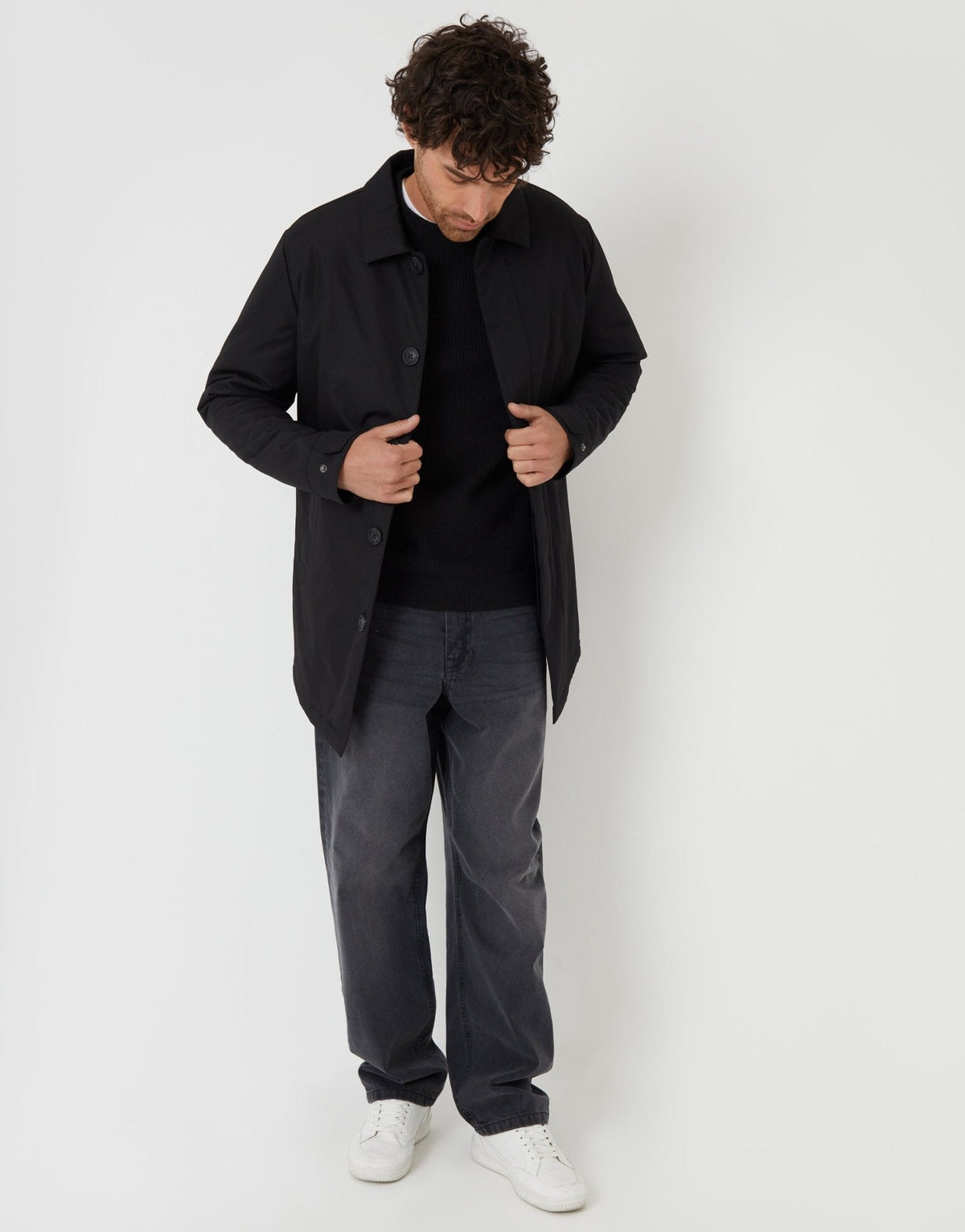Men's Collared Padded Coat in Black – view 3