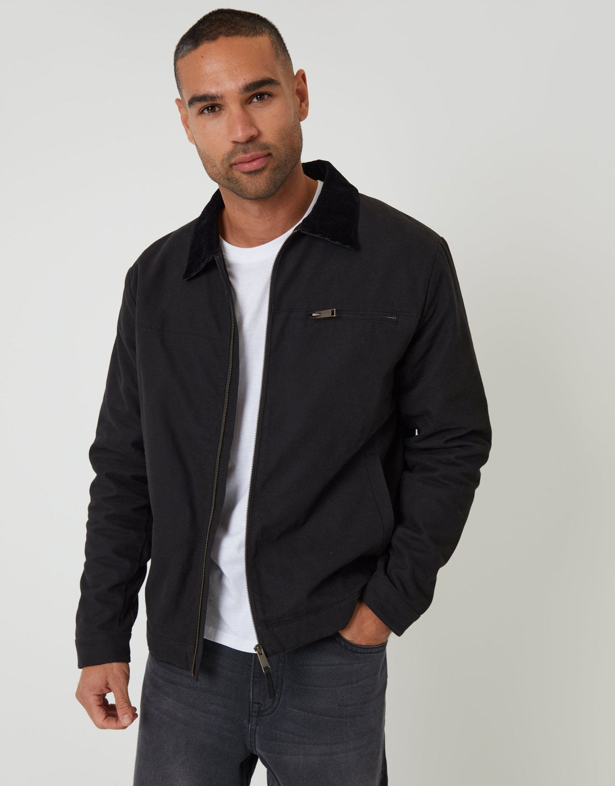 Lightweight Cotton Canvas Jacket With Corduroy Collar in Black by SATRI & CO. – product view 1