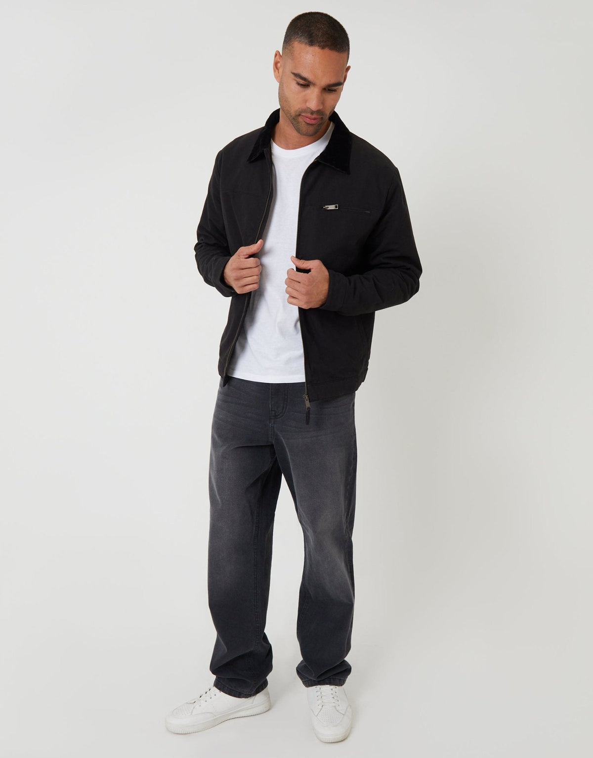 Lightweight Cotton Canvas Jacket With Corduroy Collar in Black by SATRI & CO. – product view 3