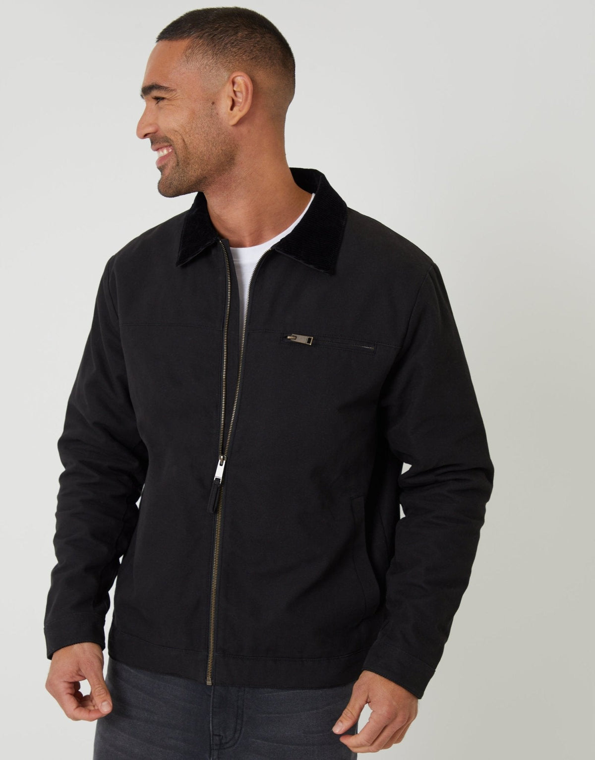 Lightweight Cotton Canvas Jacket With Corduroy Collar in Black by SATRI & CO. – product view 4