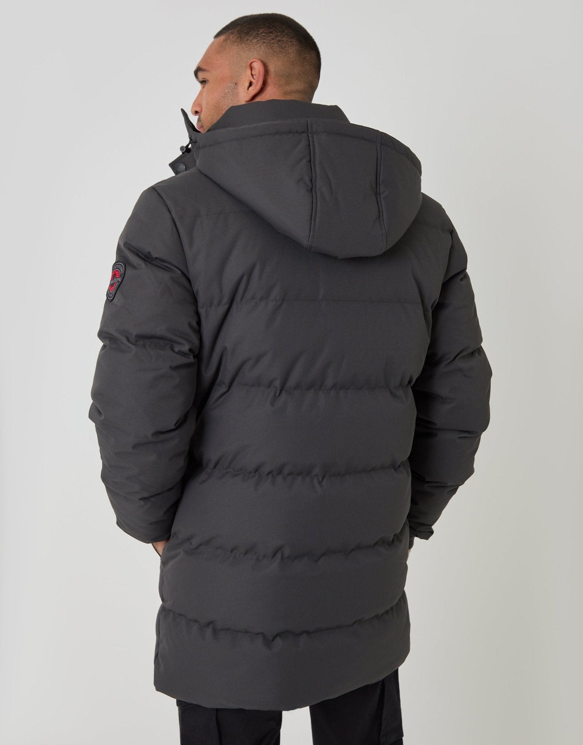 Showerproof Hooded Puffer Coat with Adjustable Waist in Slate Grey by SATRI & CO. – product view 3