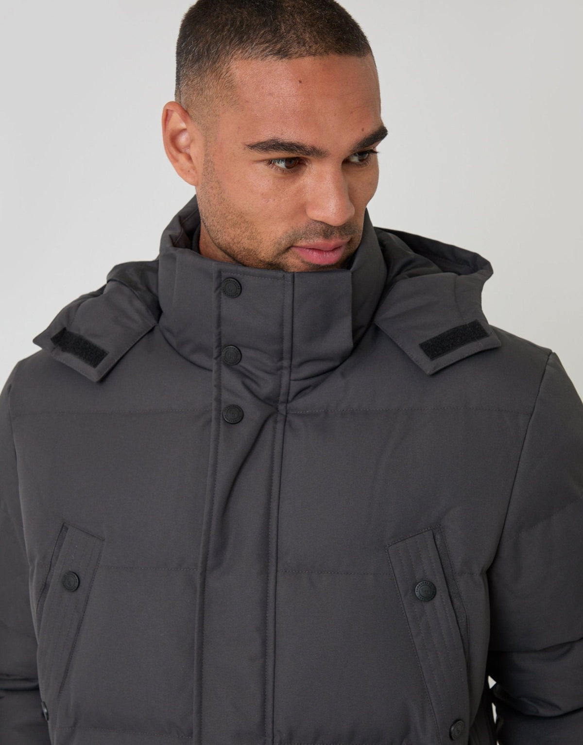 Showerproof Hooded Puffer Coat with Adjustable Waist in Slate Grey by SATRI & CO. – product view 4