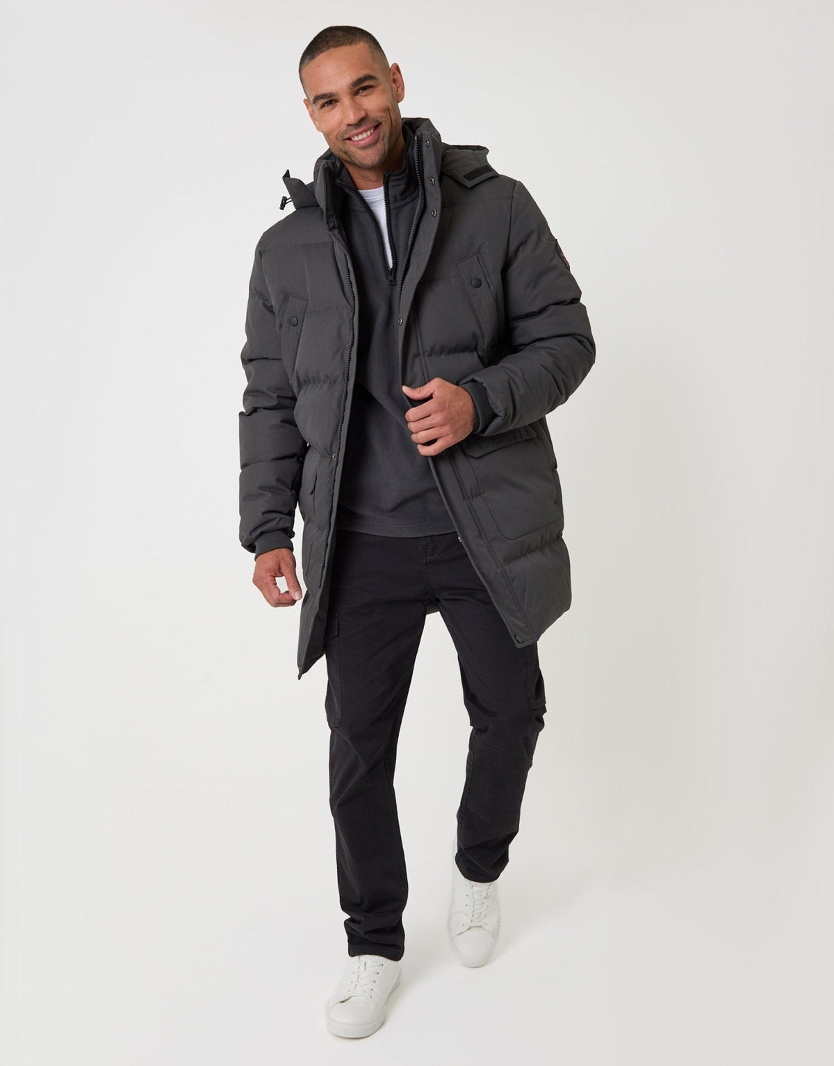 Showerproof Hooded Puffer Coat with Adjustable Waist in Slate Grey by SATRI & CO. – product view 5