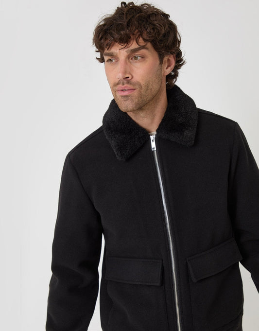 Lightweight Jacket with Faux Fur Collar in Black by SATRI & CO. – product view 1