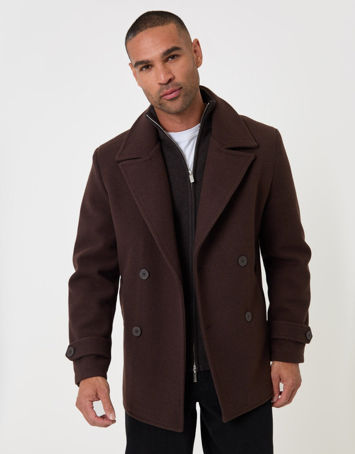 Faux Wool Double Breasted Short Trench Coat in Chocolate Brown by SATRI & CO. – product view 1