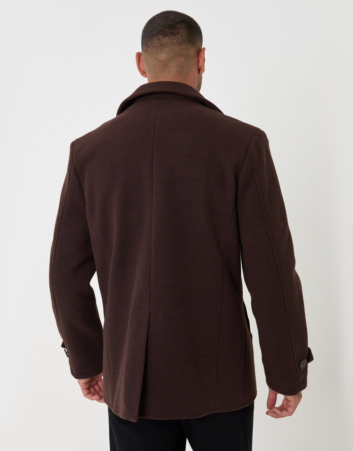 Faux Wool Double Breasted Short Trench Coat in Chocolate Brown by SATRI & CO. – product view 2