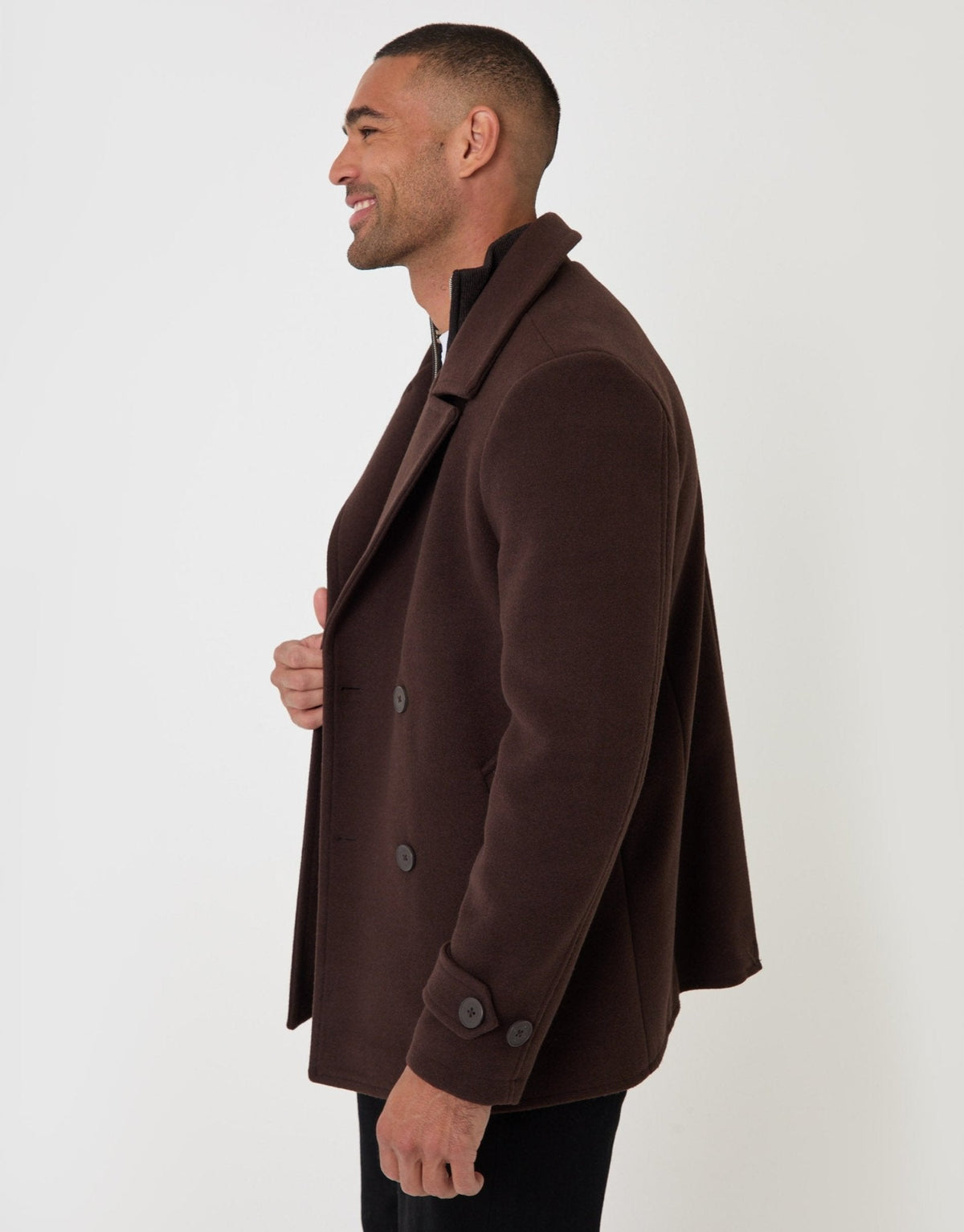 Faux Wool Double Breasted Short Trench Coat in Chocolate Brown by SATRI & CO. – product view 3