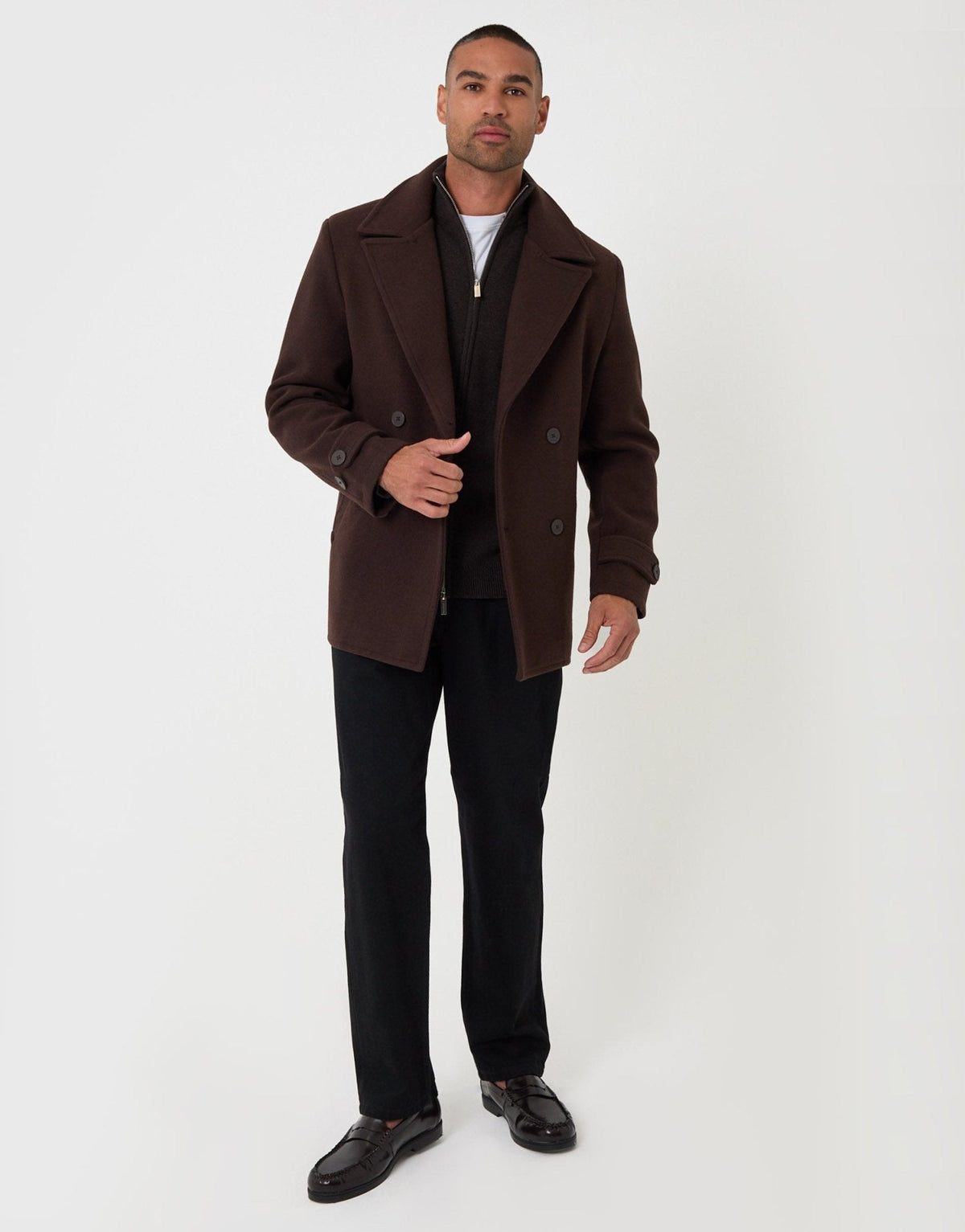 Faux Wool Double Breasted Short Trench Coat in Chocolate Brown by SATRI & CO. – product view 4