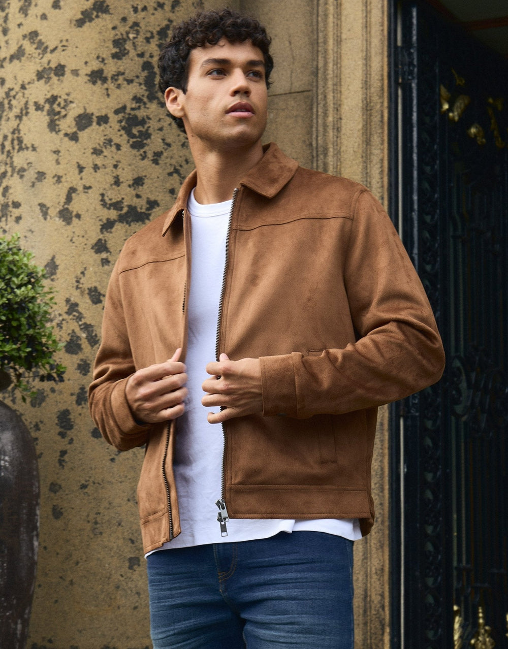 Men's Faux Suede Collared Jacket – Two-Way Zip, Satin Lining, Popper Pockets, Adjustable Cuffs | Taupe