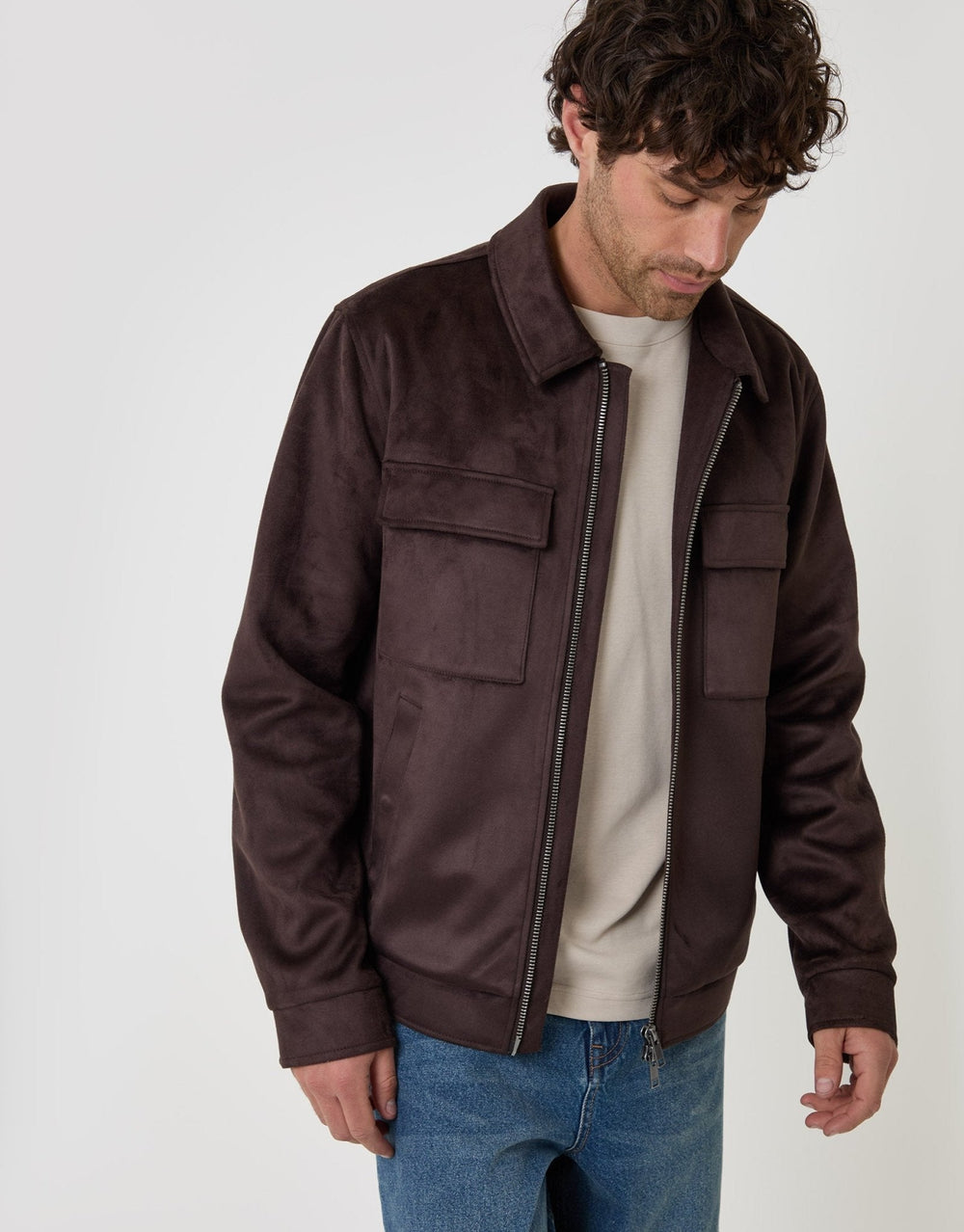 Men's Faux Suede Collared Jacket – Front Zip, Snap Chest Patch Pockets, Adjustable Cuffs | Chocolate Brown