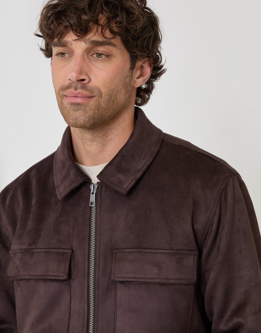 Faux Suede Collared Jacket in Chocolate Brown by SATRI & CO. – product view 2