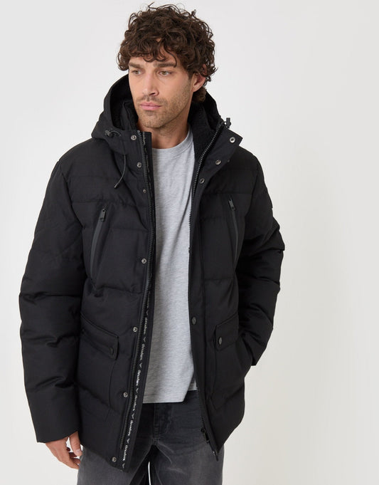 Showerproof Hooded Puffer Coat with Borg Lined Hood in Black by SATRI & CO. – product view 1