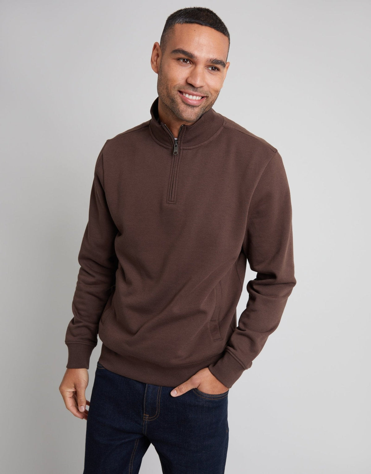 Men's Cotton Rich Quarter Zip Sweatshirt in Chocolate Brown – view 1