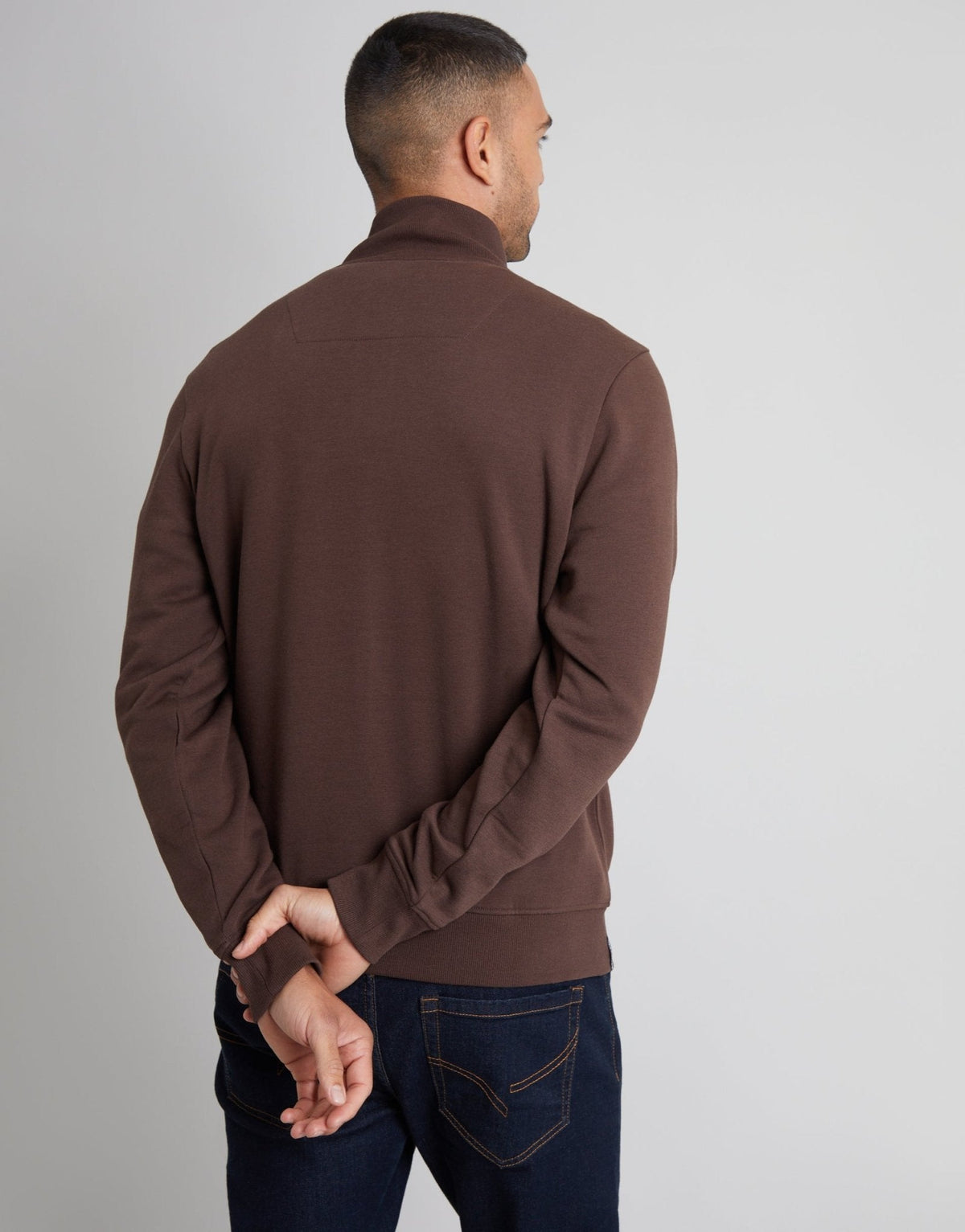 Men's Cotton Rich Quarter Zip Sweatshirt in Chocolate Brown – view 2