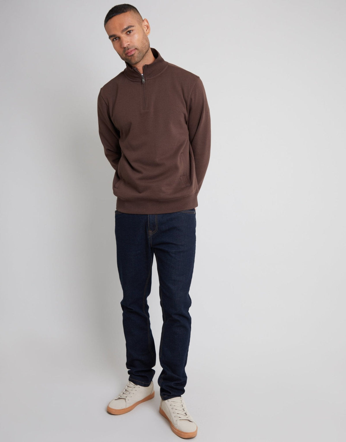 Men's Cotton Rich Quarter Zip Sweatshirt in Chocolate Brown – view 3