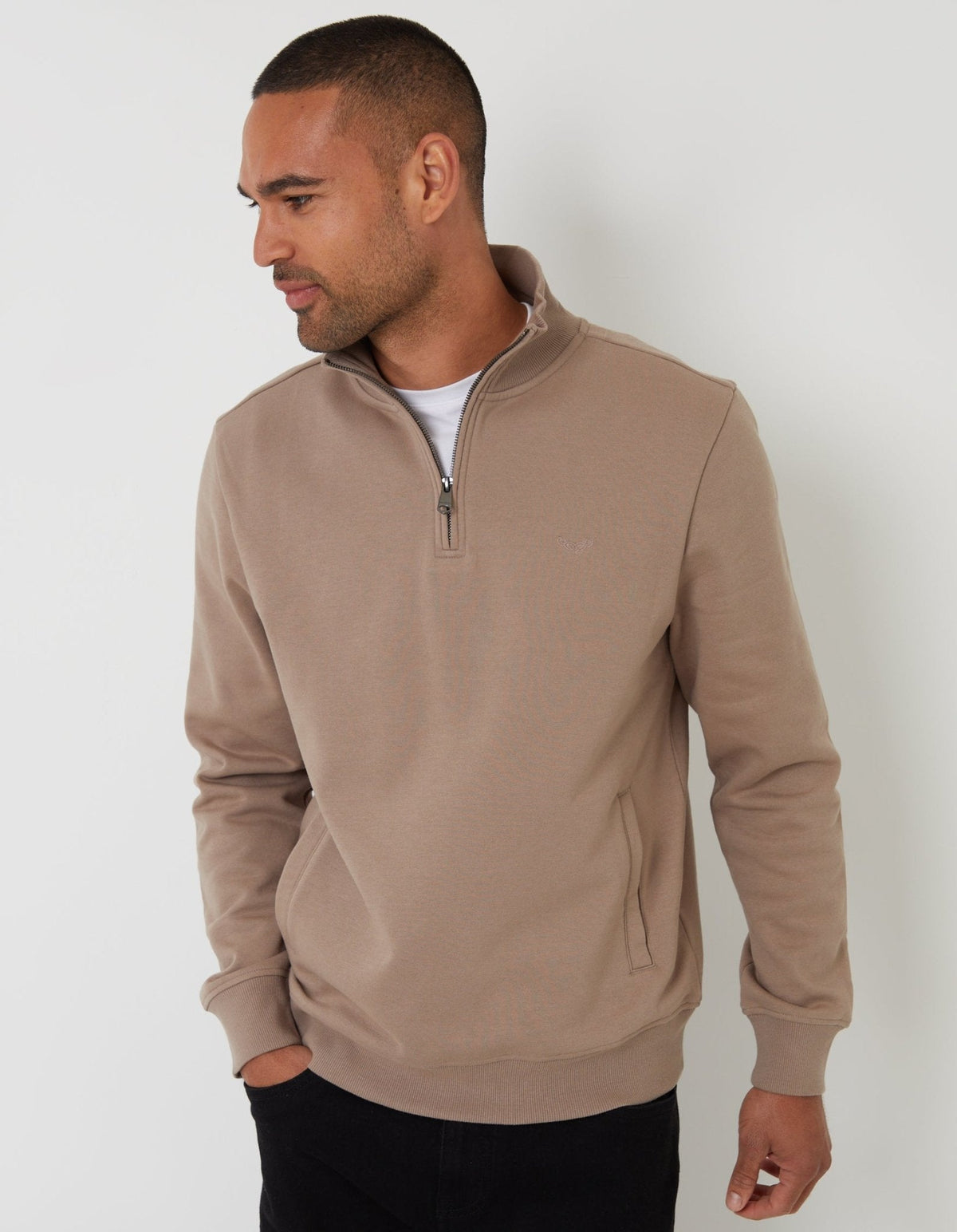 Men's Cotton Rich Quarter Zip Sweatshirt in Taupe – view 1