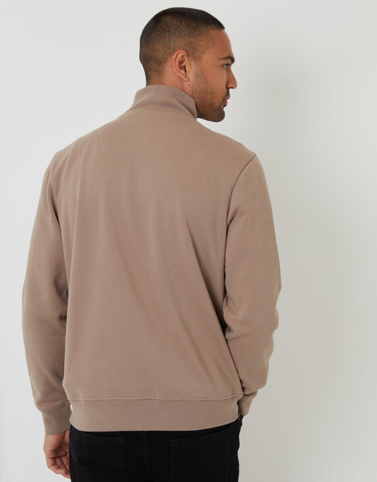 Men's Cotton Rich Quarter Zip Sweatshirt in Taupe – view 2