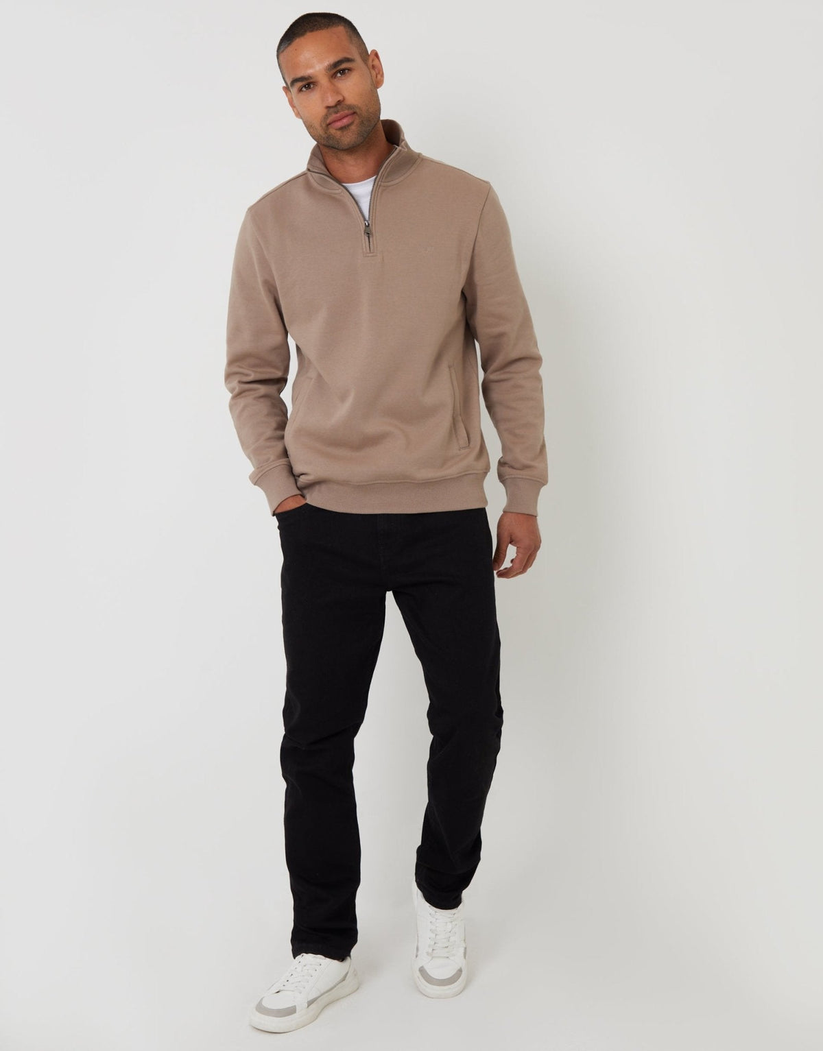 Men's Cotton Rich Quarter Zip Sweatshirt in Taupe – view 3
