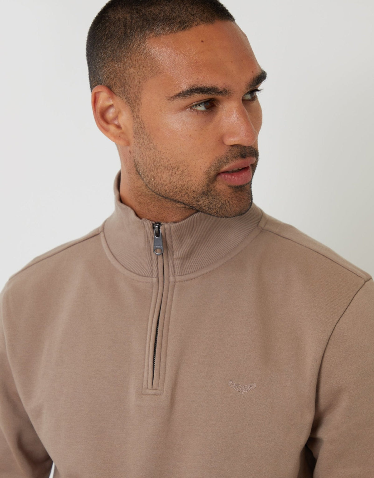 Men's Cotton Rich Quarter Zip Sweatshirt in Taupe – view 4