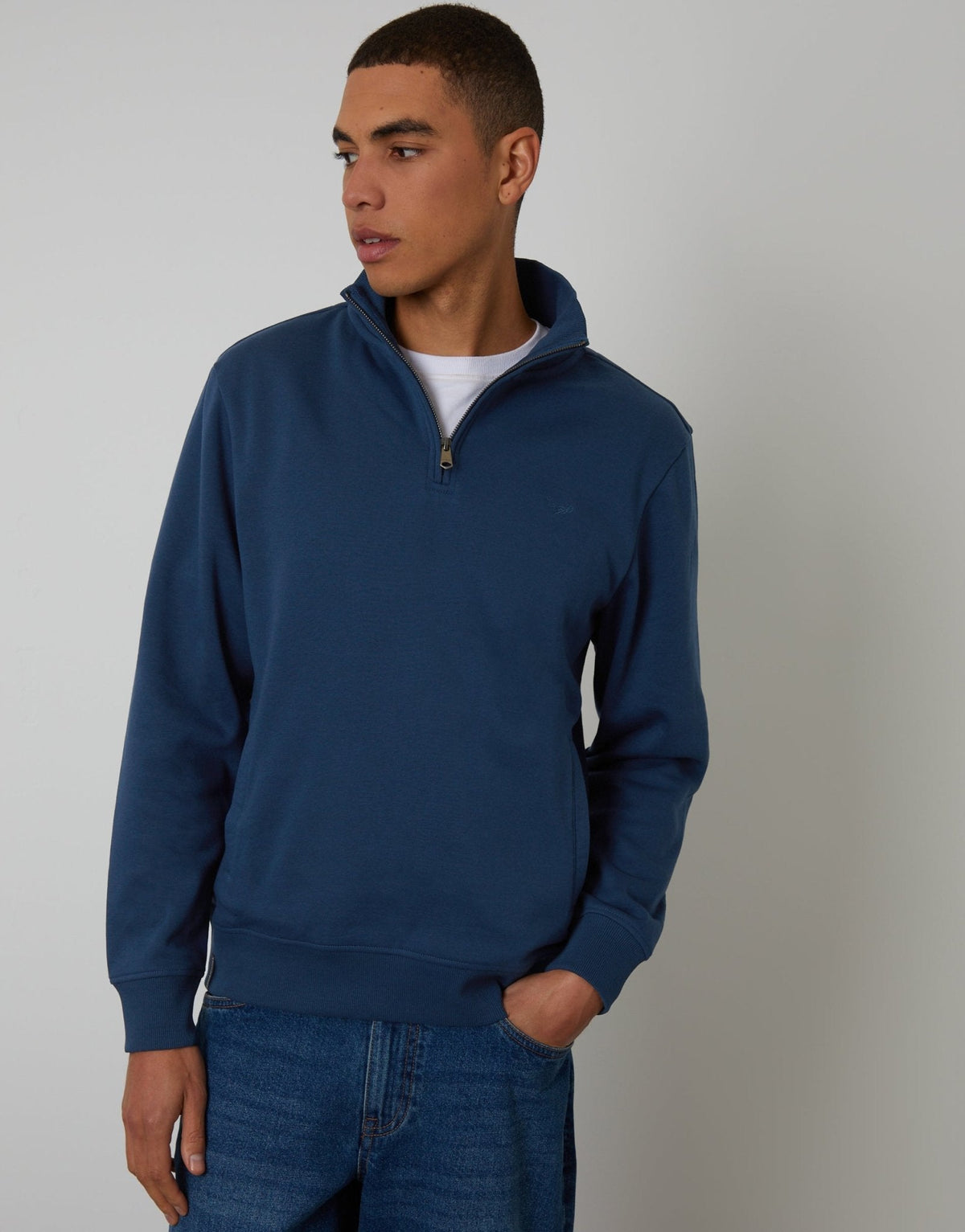 Men's Cotton Rich Quarter Zip Sweatshirt in Blue – view 1