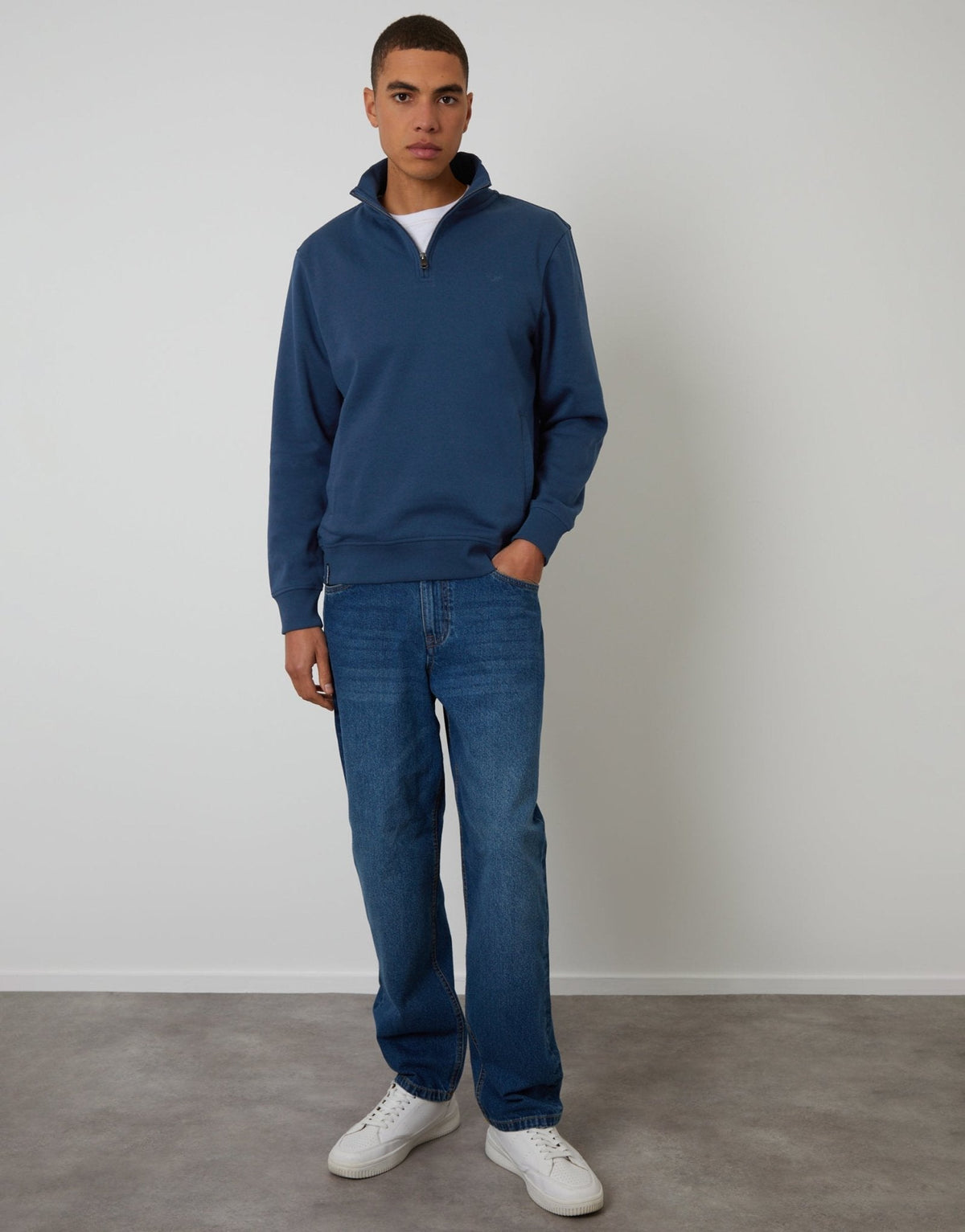 Men's Cotton Rich Quarter Zip Sweatshirt in Blue – view 3