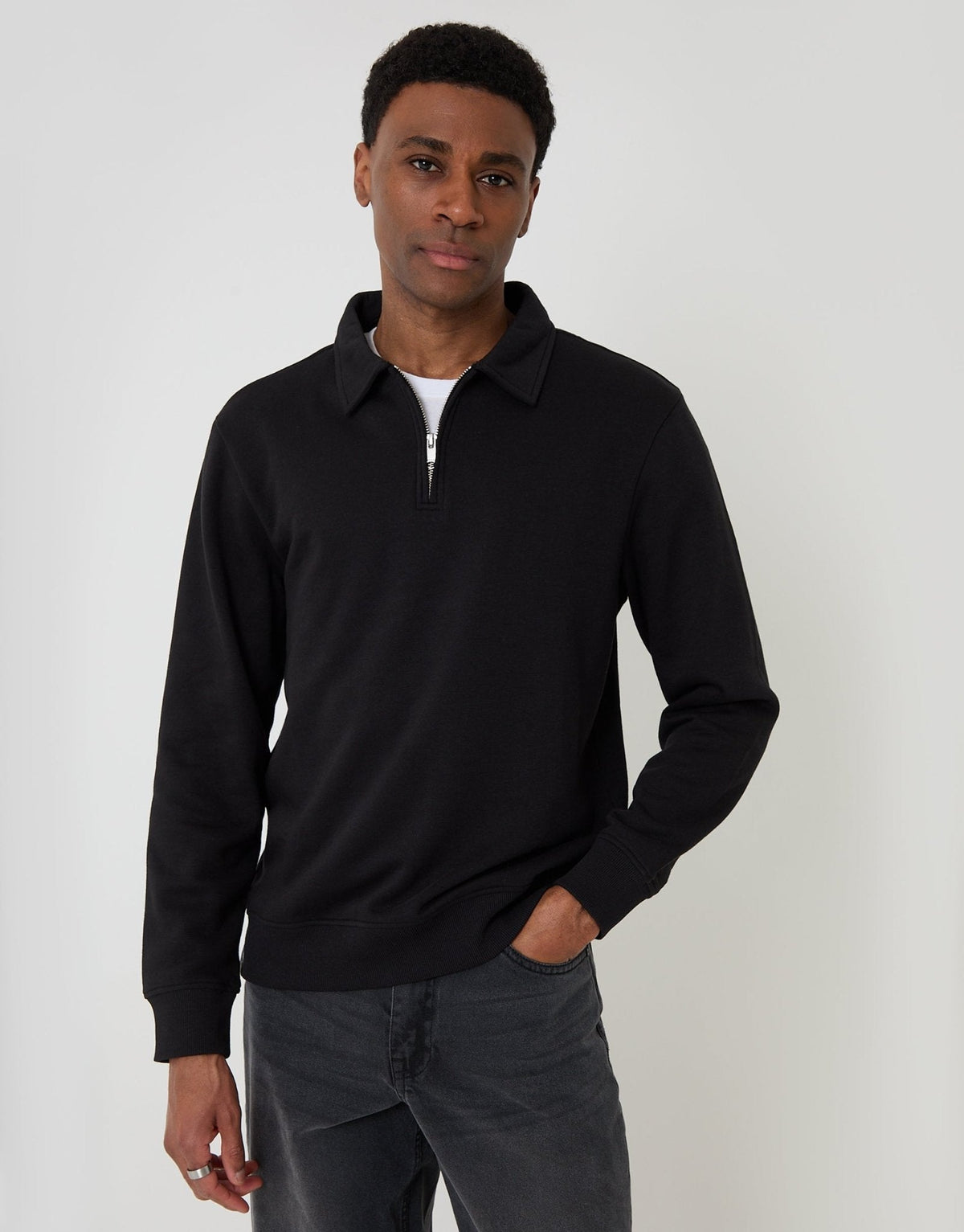 Men's Quarter Zip Collared Sweatshirt in Black – view 1