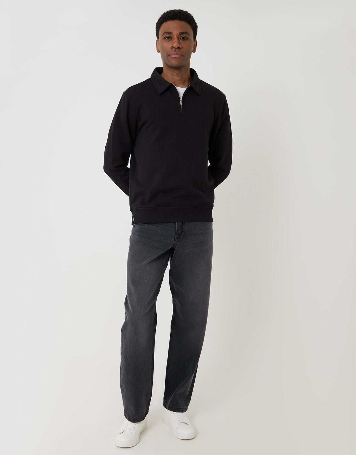 Men's Quarter Zip Collared Sweatshirt in Black – view 3