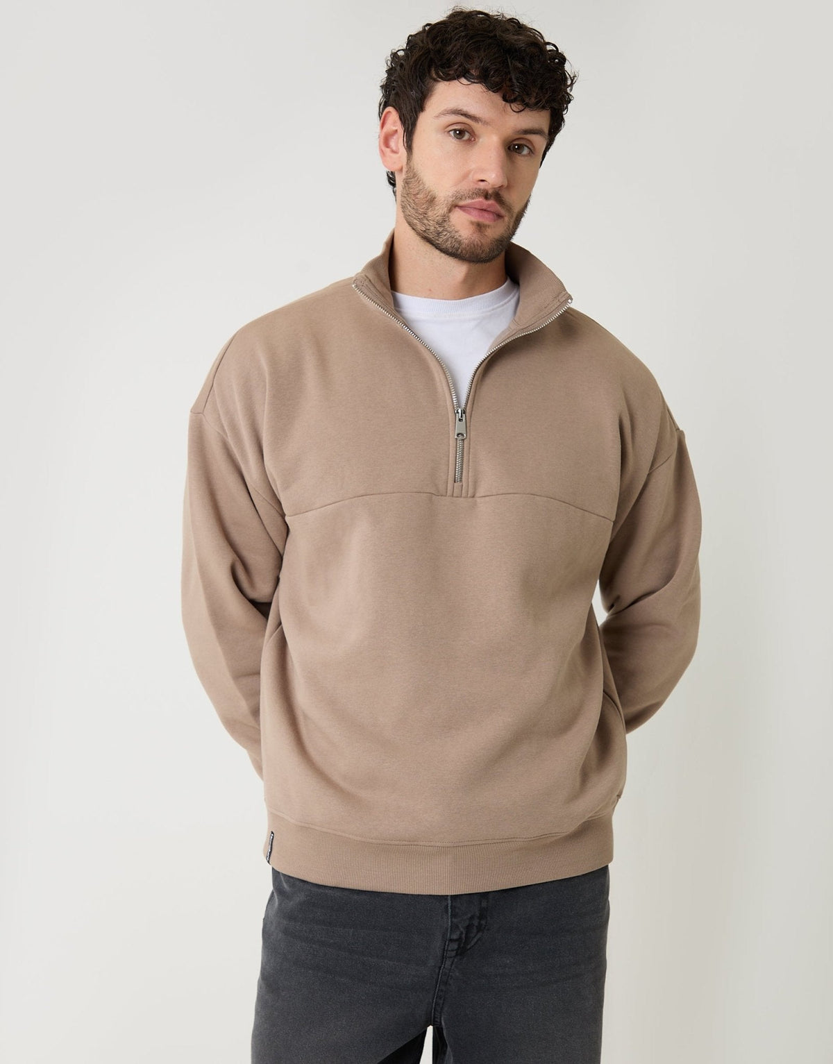 Men's Relaxed Fit Half Zip Sweatshirt in Taupe – view 1