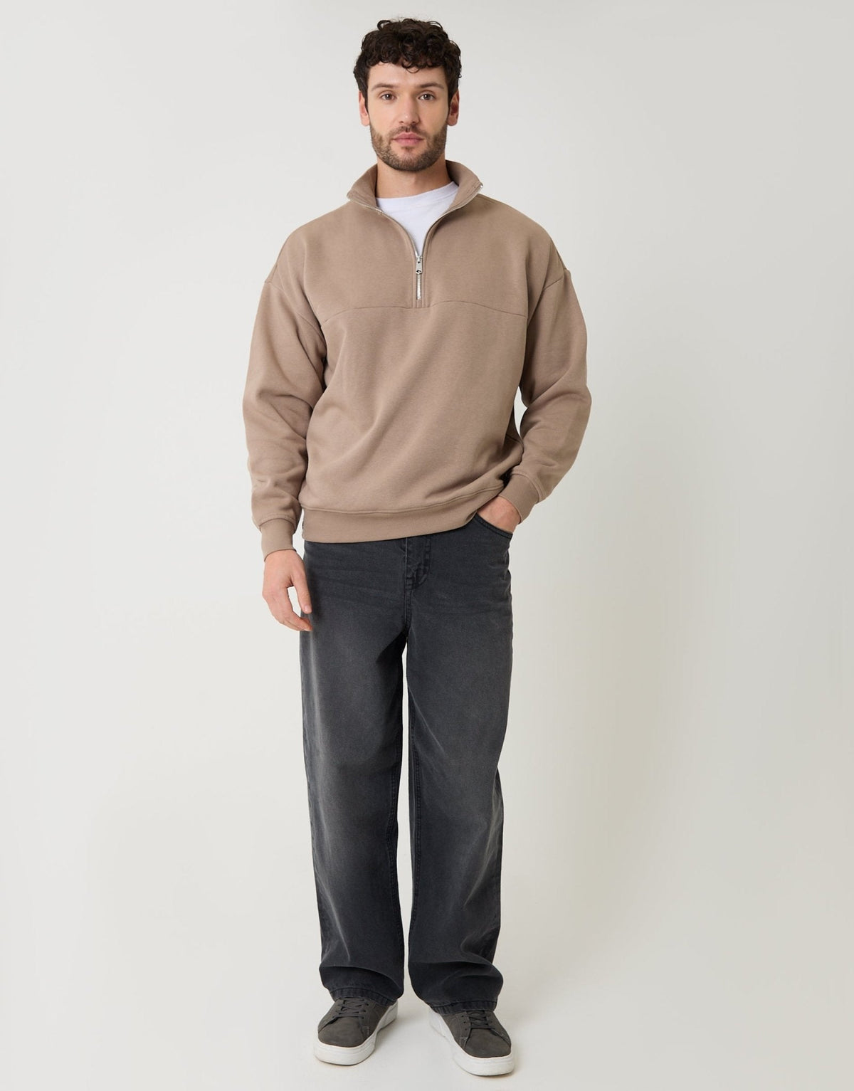 Men's Relaxed Fit Half Zip Sweatshirt in Taupe – view 3