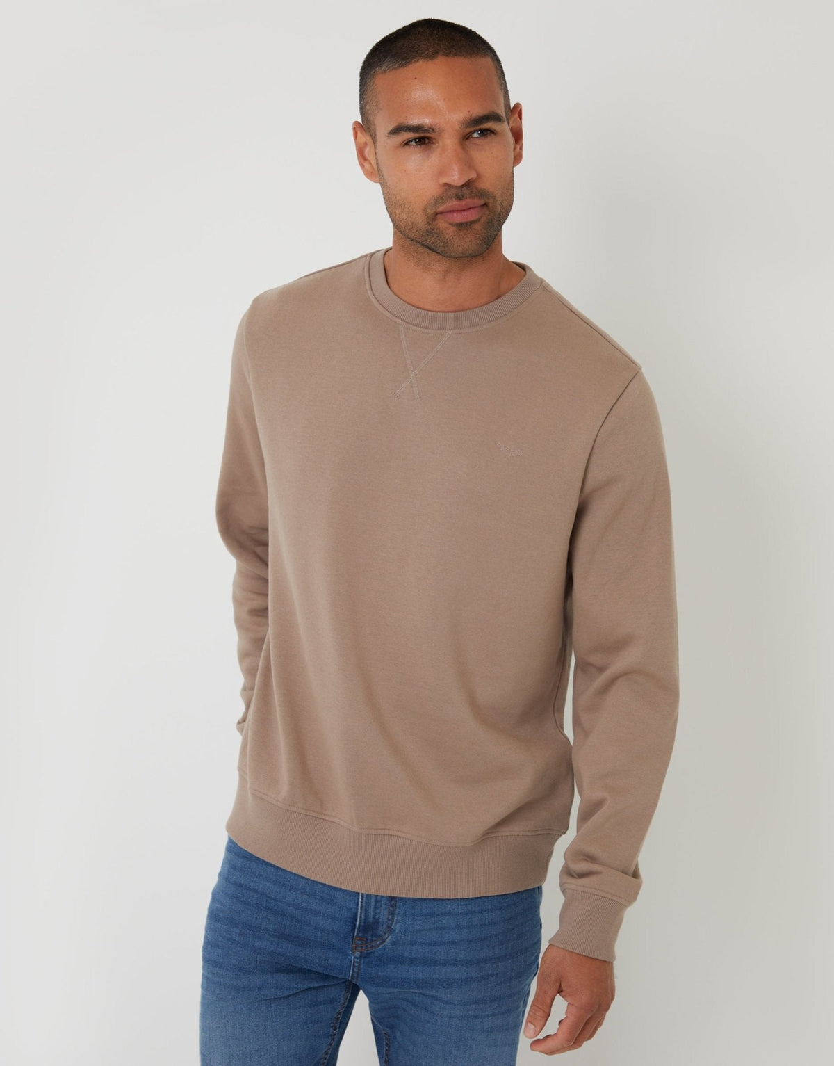 Men's Cotton Rich Crew Neck Sweatshirt in Taupe – view 1