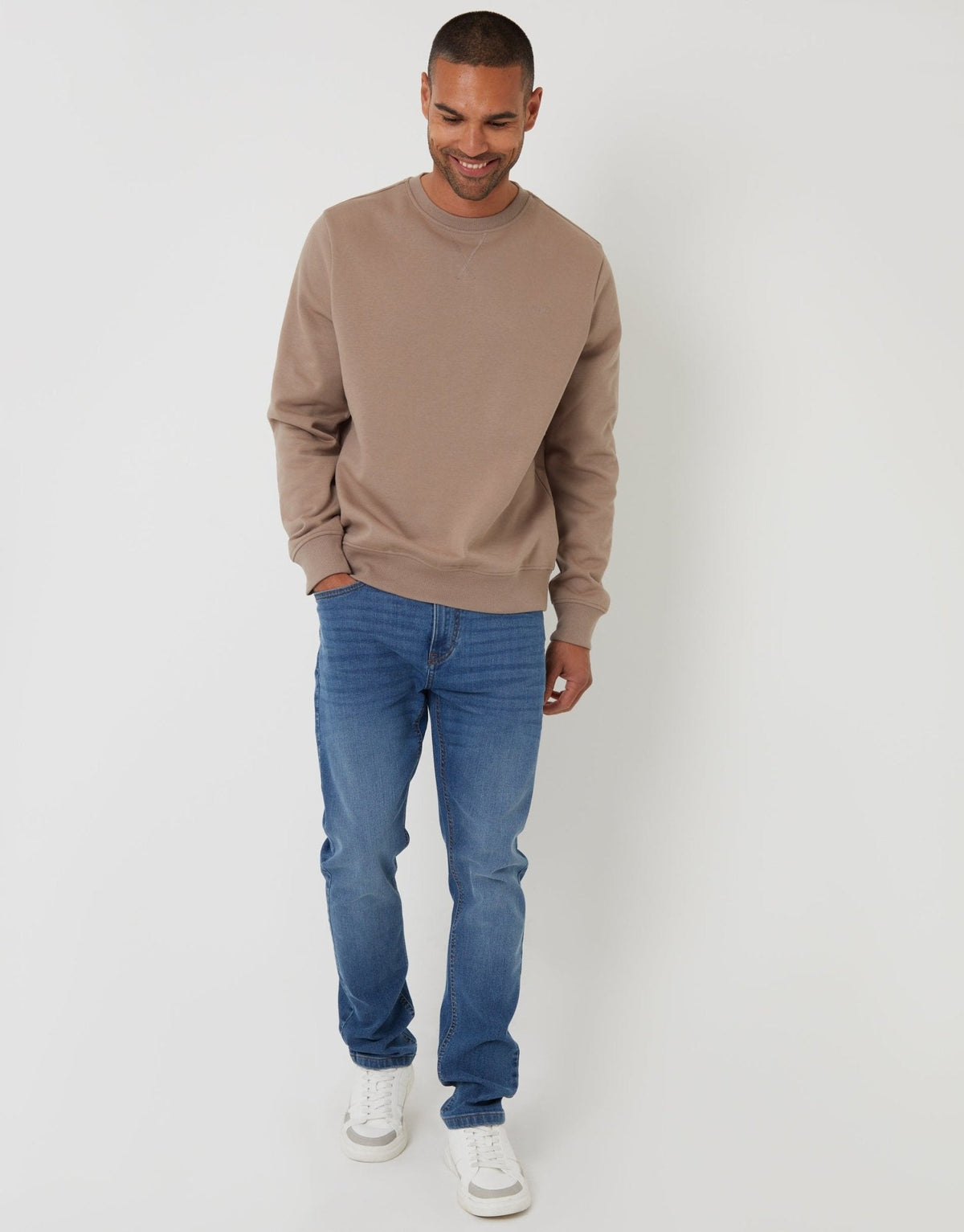 Men's Cotton Rich Crew Neck Sweatshirt in Taupe – view 3