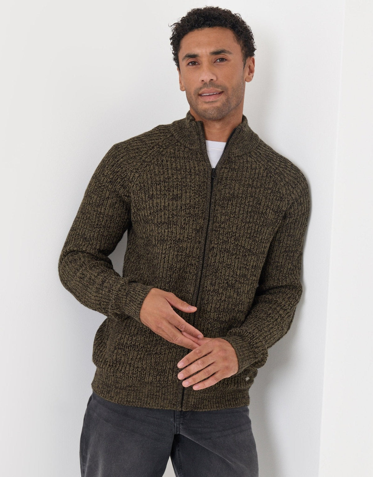 Men's Full-Zip Knitted Cardigan – Ribbed Funnel Neck, Concealed Zip, Raglan Sleeves and Welt Pockets | Khaki Green