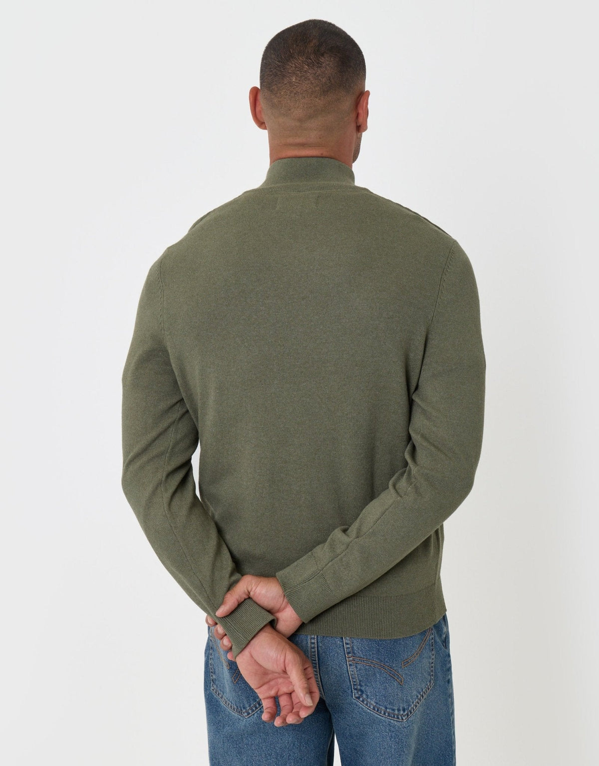 Men's Rib Detail Knitted Quarter Zip Jumper in Khaki Green – view 3