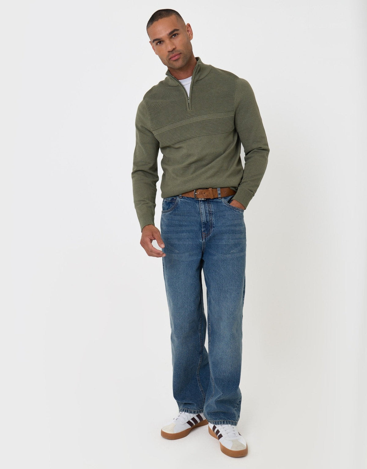 Men's Rib Detail Knitted Quarter Zip Jumper in Khaki Green – view 4