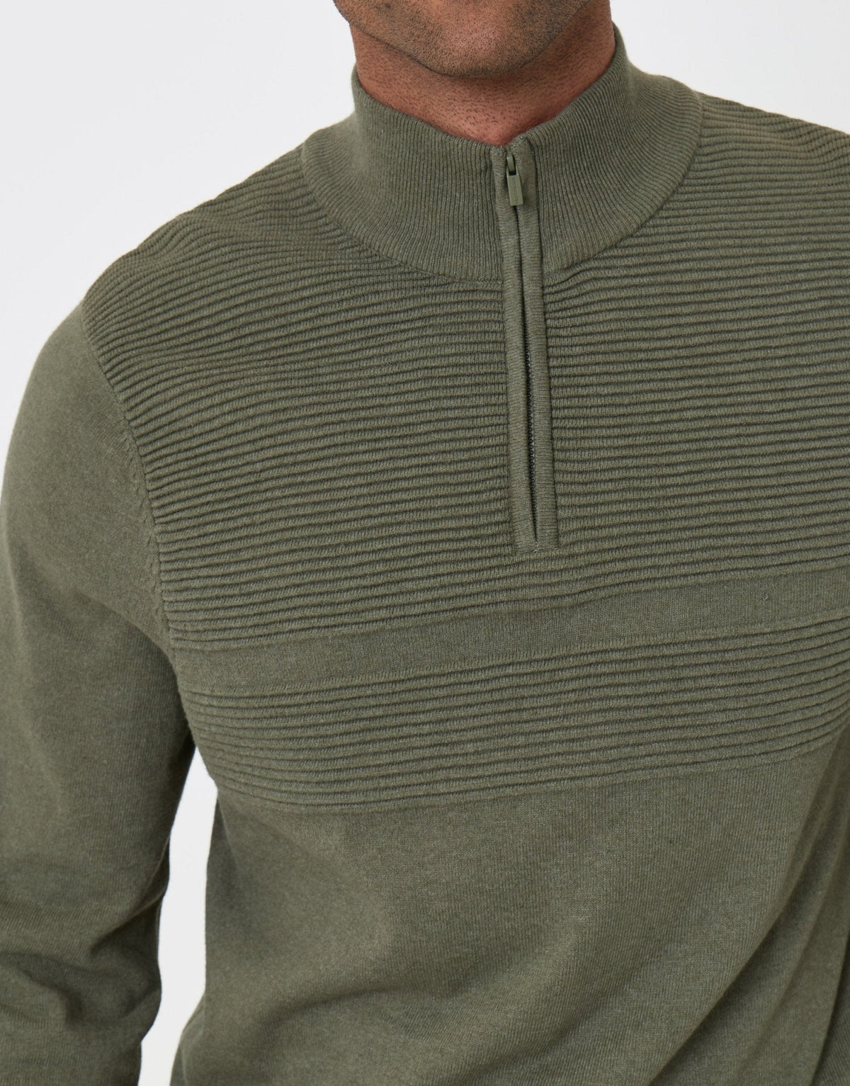 Men's Rib Detail Knitted Quarter Zip Jumper in Khaki Green – view 6