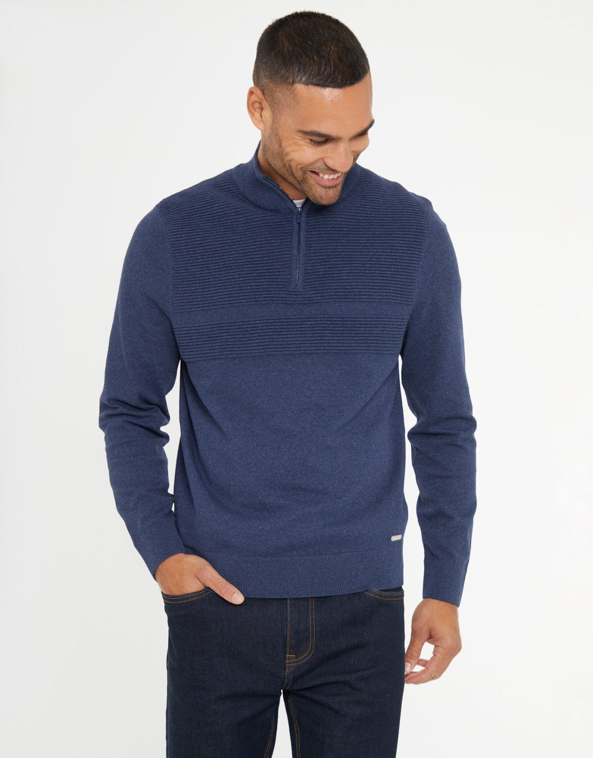 Men's Rib Detail Knitted Quarter Zip Jumper in Denim Blue – view 1