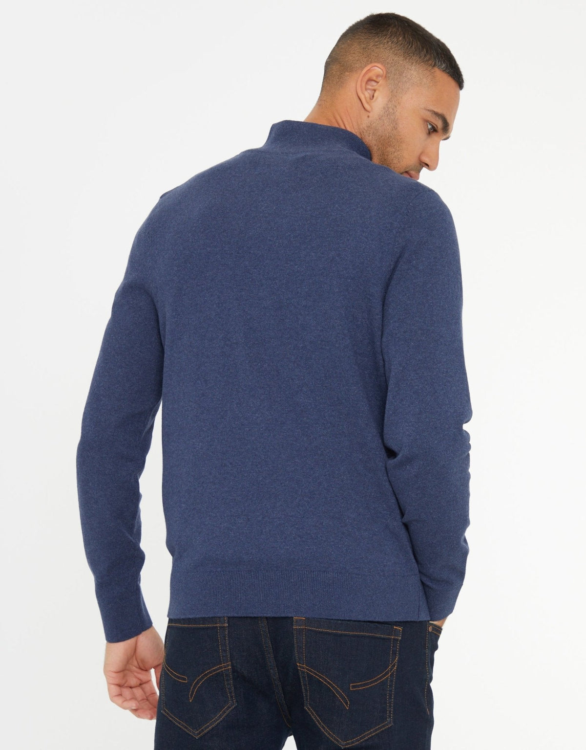 Men's Rib Detail Knitted Quarter Zip Jumper in Denim Blue – view 2