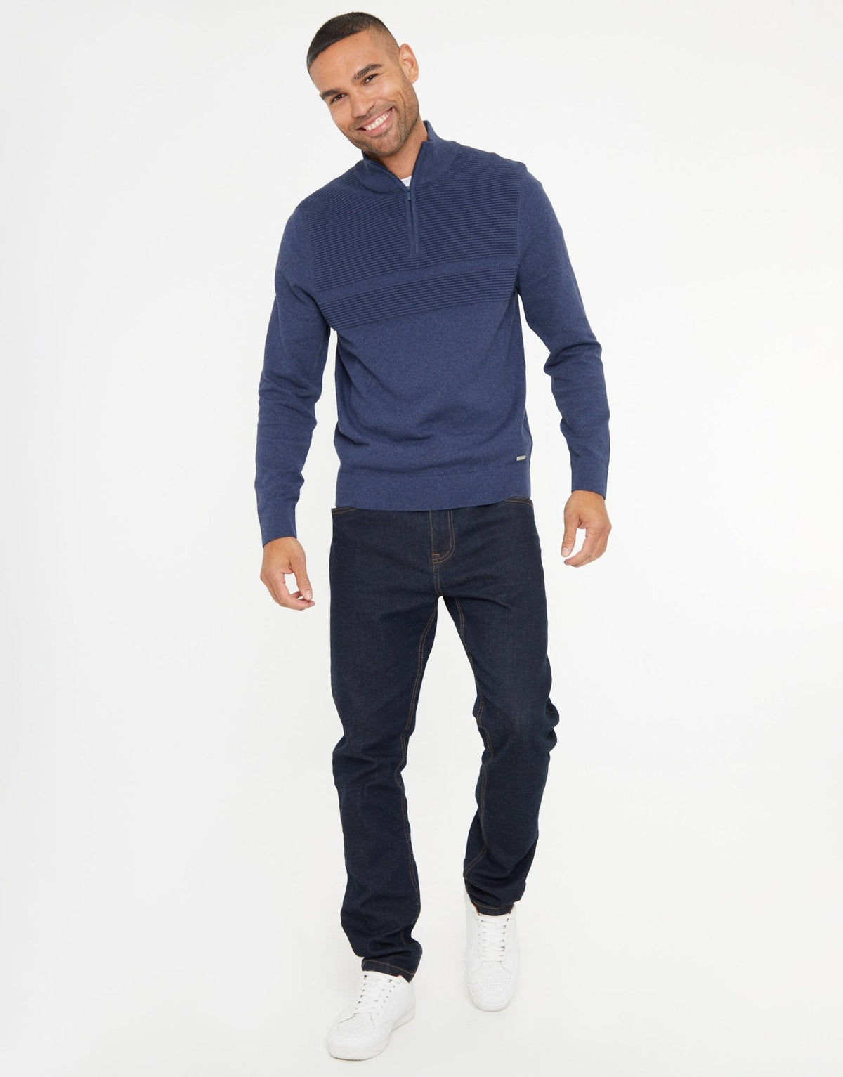 Men's Rib Detail Knitted Quarter Zip Jumper in Denim Blue – view 3