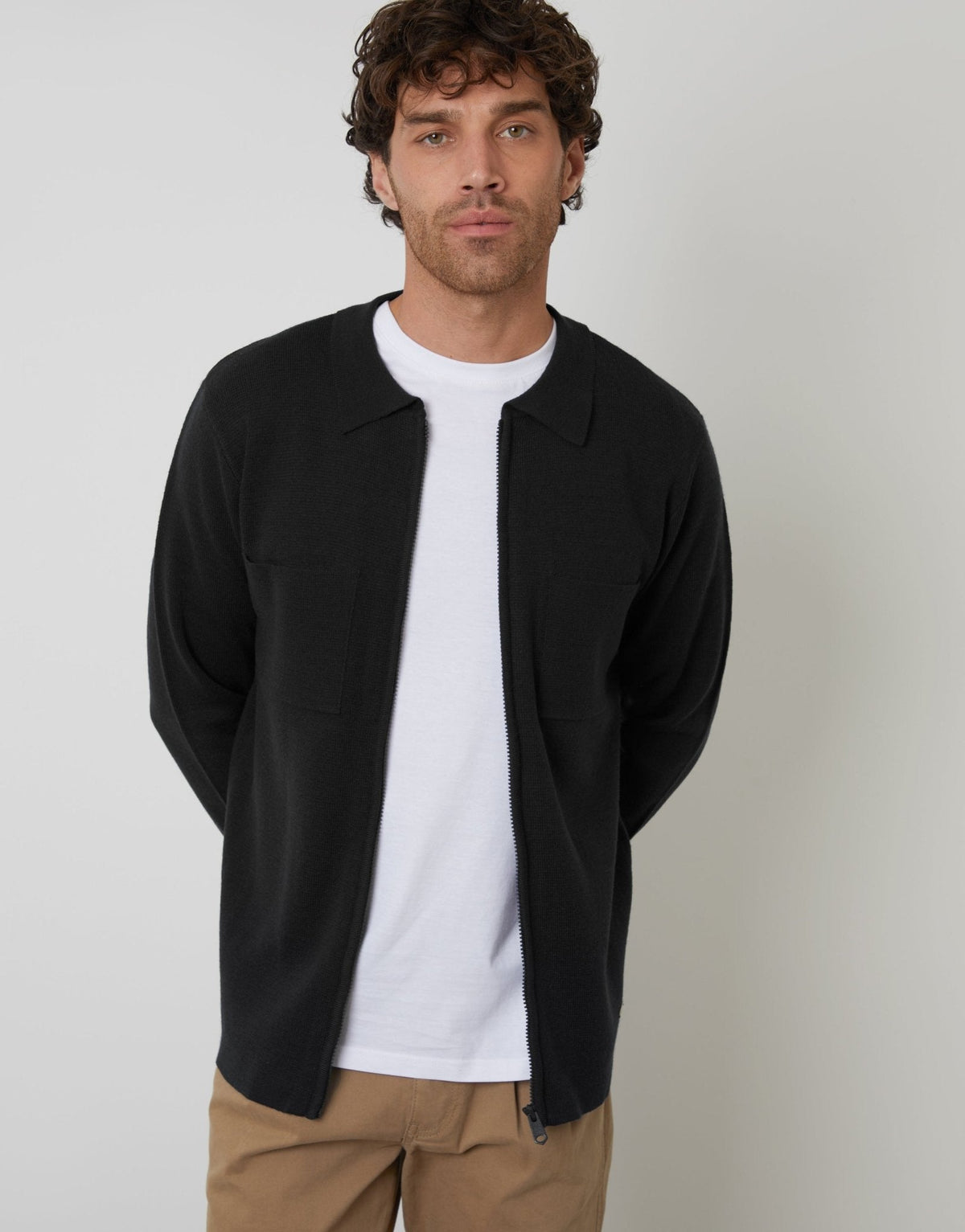 Men's Zip-Through Knitted Shacket in Black – view 1