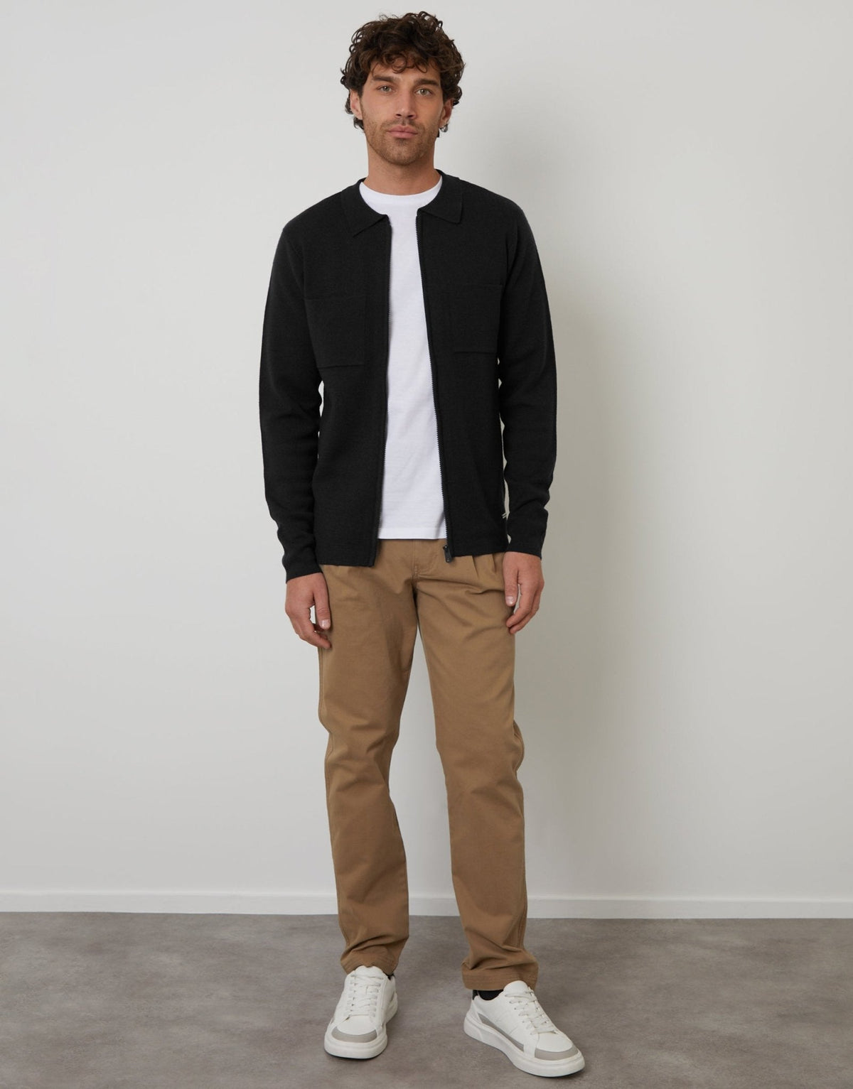Men's Zip-Through Knitted Shacket in Black – view 3