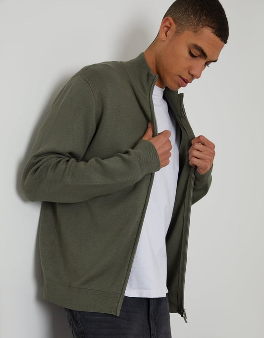 Zip-Through Funnel Neck Knitted Cardigan in Dark Sage Green by SATRI & CO. – product view 1