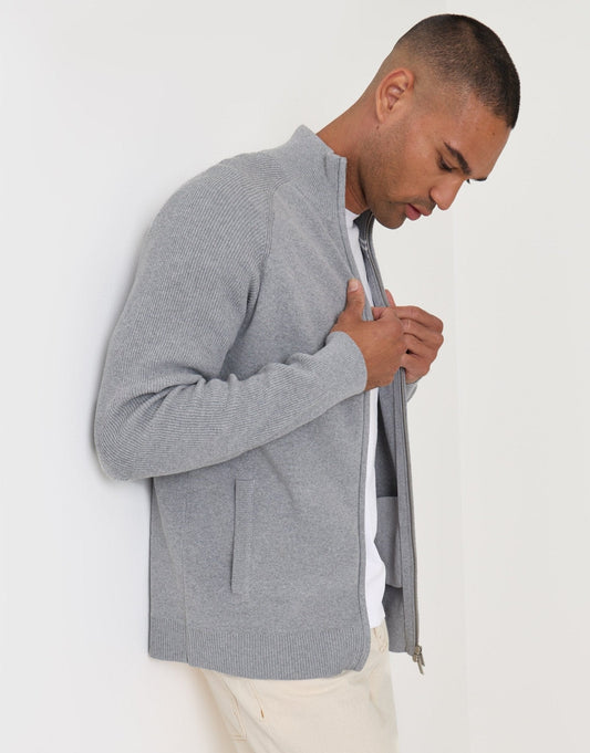 Knitted Zip Up Funnel Neck Cardigan in Grey by SATRI & CO. – product view 1