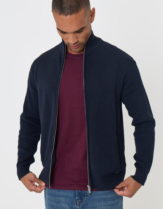 Knitted Zip Up Funnel Neck Cardigan in Navy by SATRI & CO. – product view 1