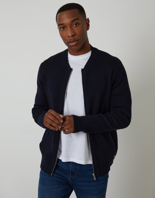 Bomber-Style Knitted Zip Through Cardigan in Navy by SATRI & CO. – product view 1