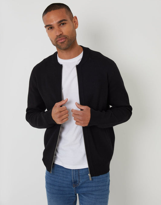Bomber-Style Knitted Zip Through Cardigan in Black by SATRI & CO. – product view 1