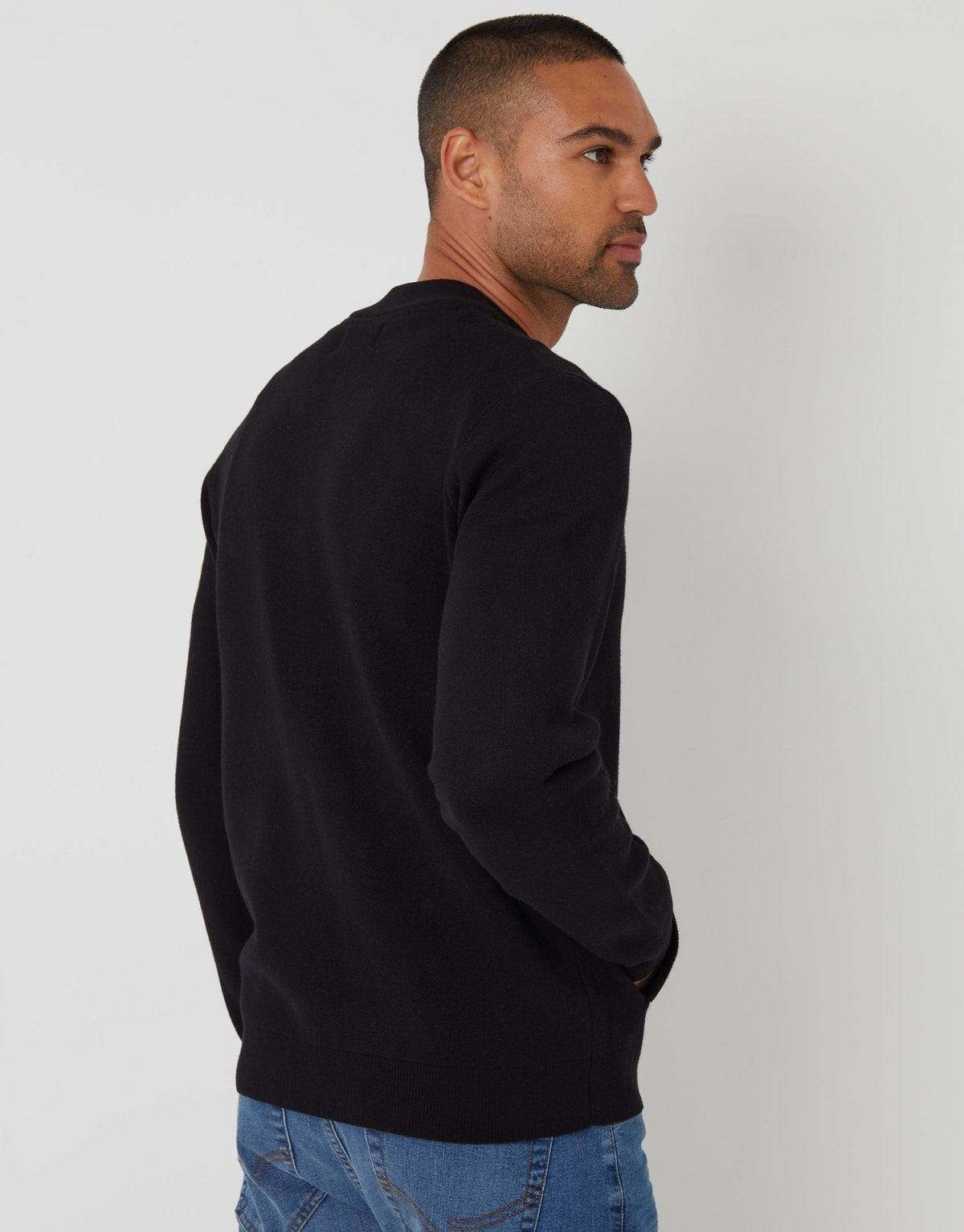 Men's Bomber-Style Knitted Zip-Through Cardigan in Black – view 2