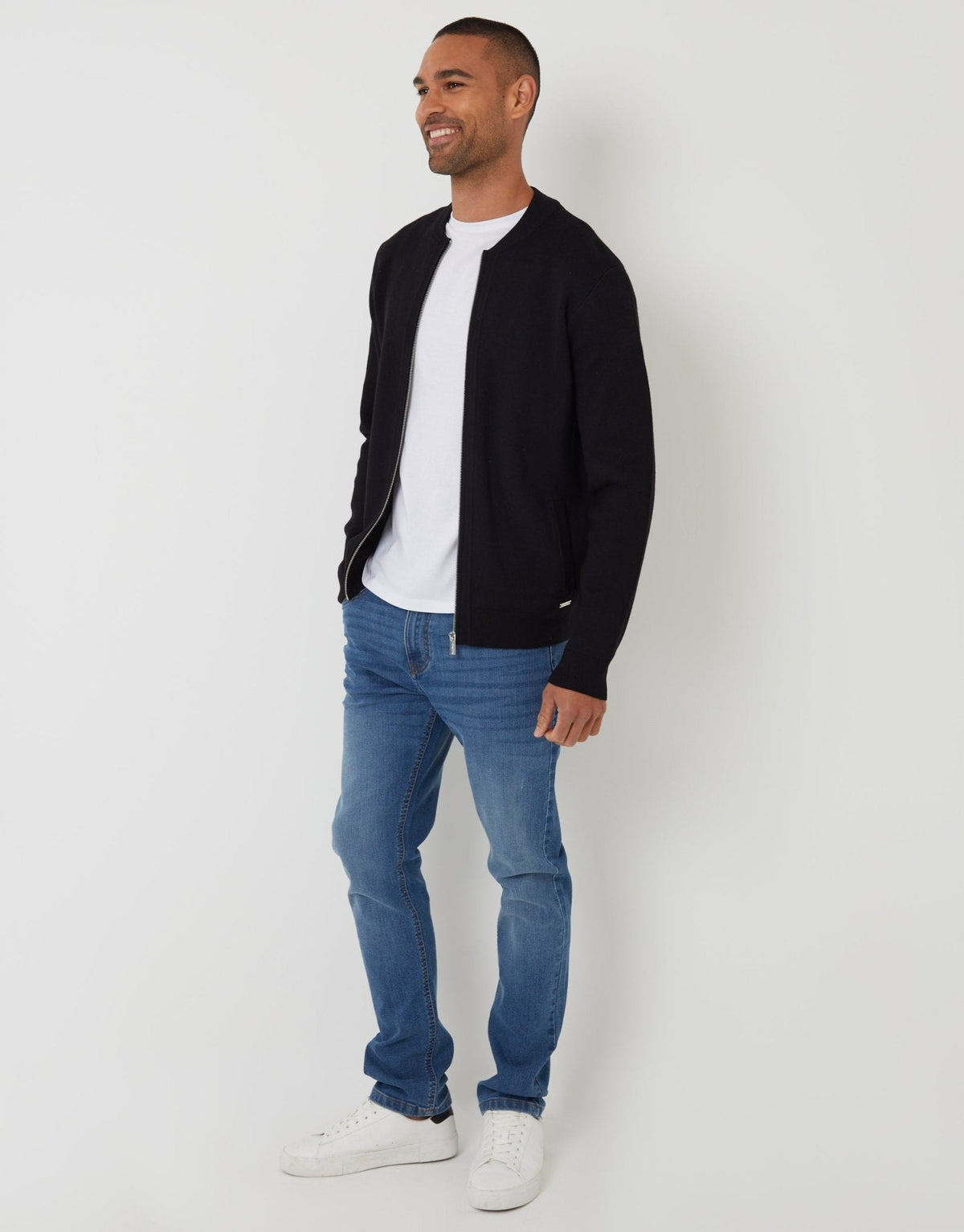Men's Bomber-Style Knitted Zip-Through Cardigan in Black – view 3