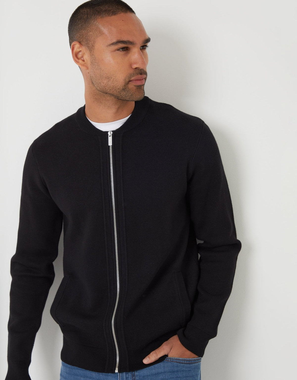 Men's Bomber-Style Knitted Zip-Through Cardigan in Black – view 4