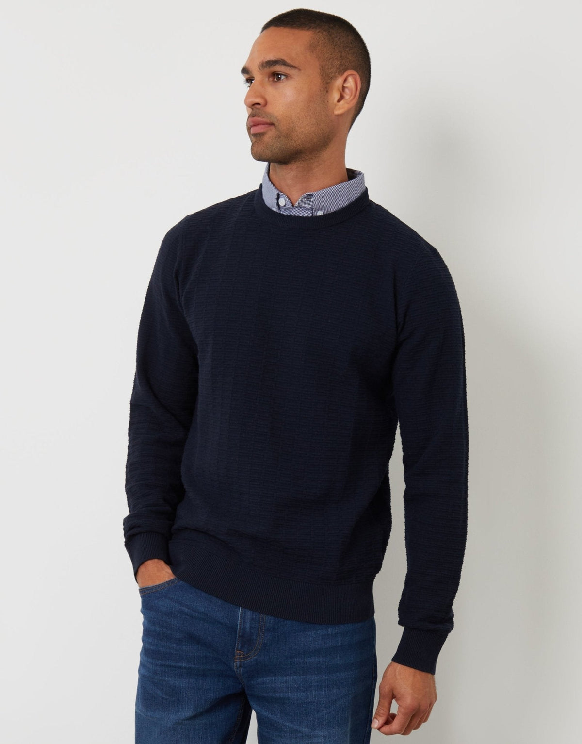Men's Mock Shirt Collar Textured Knitted Jumper in Navy – view 1