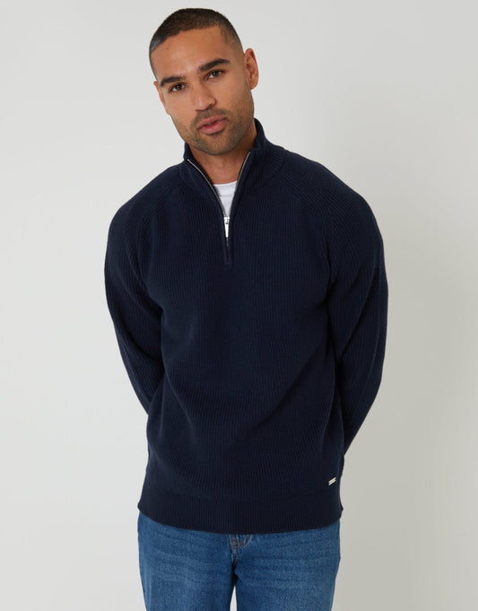 Rib Panel Quarter Zip Knitted Jumper in Navy by SATRI & CO. – product view 1
